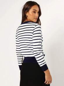 Striped Cardigan Sweater For Women Fall/Winter Sweaters For Christmas - Navy Blue - View 5