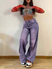 Celana Jeans Wanita Model Vintage Longgar dengan Potongan Lurus, Kasual untuk Musim Semi - Purple - View 5