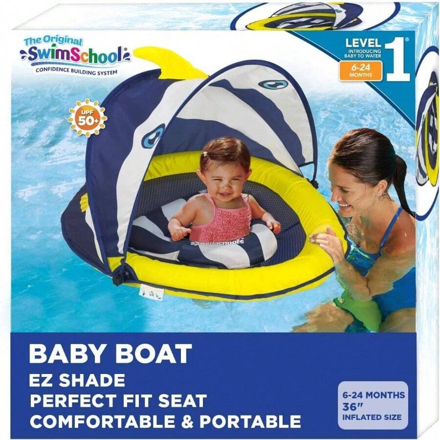 Deluxe Float with Adjustable Canopy - 6 - 24 Months - Swim Float with Splash Activity Center and - Fit Safety - NavyWhite - Flotador de lujo para bebés con dosel, azul marino - Ver 1