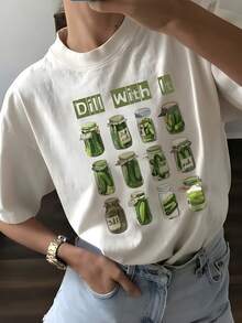 White T - Shirt With Pickle Jars And Dill With It Slogan,220g Cotton Women's Casual Printed T-Shirt, Crew Neck Pullover Short-Sleeve