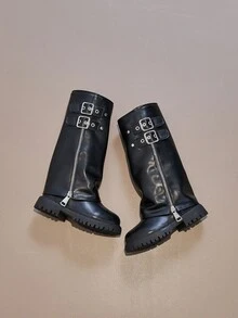 女童时尚过膝骑马靴，2025秋冬新款别致搭扣复古褶皱靴筒靴（内衬随机发货），【尺码偏小，建议选购大一码以获得更合脚的穿着体验】