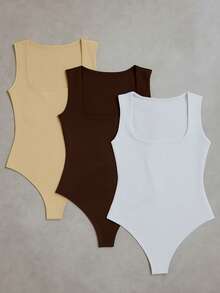 3-Piece Basic Bodysuit, Square Neckline, Wide Straps, Versatile Shapewear, Casual, Suplex, Fashion, Gringa Blogger - 米色-咖啡色-白色 - 查看 1