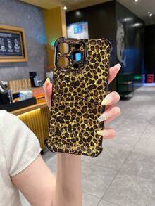 1 pieza Funda protectora de teléfono con estampado de leopardo y chapado electrolítico a prueba de golpes, compatible con Apple, Infinix, OPPO, VIVO, Realme - Negro - Ver 4