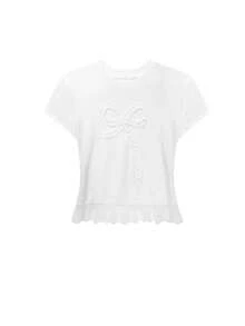 夏季韩版蕾丝边下摆蝴蝶结装饰T恤，青春百搭 - 白色 - 查看 2