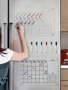 1 Month Planner Magnetic Board (Black/White), Includes 6 Magnetic Dry Erase Markers, Transparent Double-Layer Fridge Board, Display & Writing Board, Magnetic Refrigerator Memo Pad