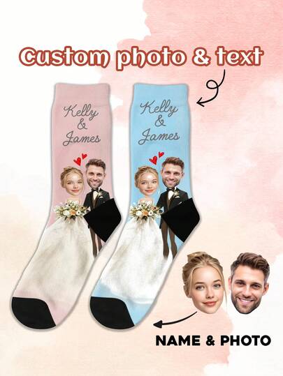 1 Pair Of Custom Personalized Photo Text Wedding Stockings, With Any Face Printed On The Socks, Featuring Personalized Photos Of Both Husband And Wife. Fun Custom Pictures Paired With Mid Length Socks, Suitable For Valentine'S Day, Anniversaries, And Enhancing The Atmosphere Of Family Days. Personalized, Unique, And Customized Gifts For Men/Women, Ideal For Boyfriends, Friend Bedrooms, Weddings, Holidays, Anniversaries, And Birthdays. Christmas