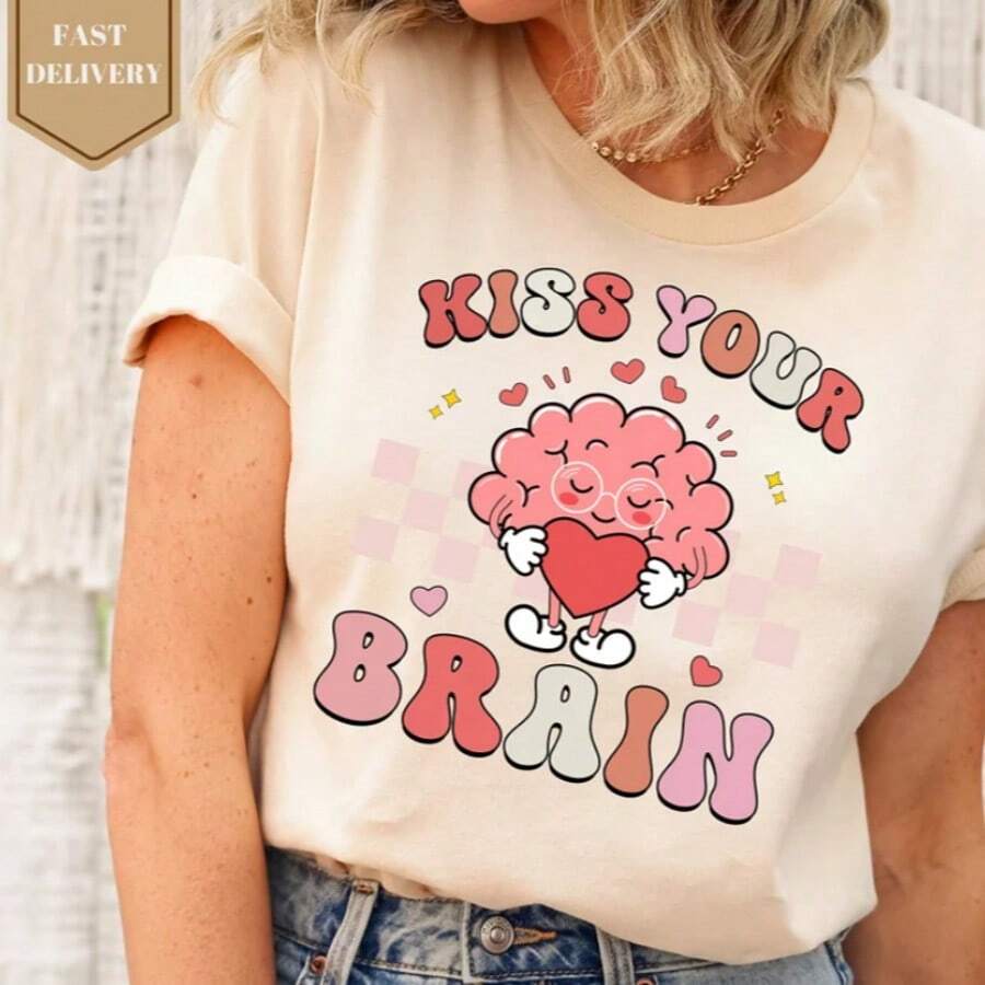 Womens Shirts SPED Teacher Shirt Kiss Your Brain Shirt Mental Health T Shirt Special Education Motivational Shirt Summer Tops For Teens,Loose Fit Round Neck Short Sleeve Women T-Shirt, Suitable For Summer Color Black White - 白色008 - 查看 1