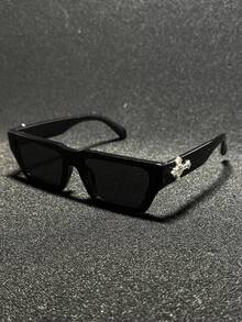 POLASUP 1pc Men/Women Rhinestone Cross Decor Polycarbonate Anti-Explosion Lens Fashion Glasses, Sports Casual Street Retro Flat Top Copper Hinge Non-Plastic Hinge UV Protection Sunglasses (Comes With Glasses Strap And Cleaning Cloth)