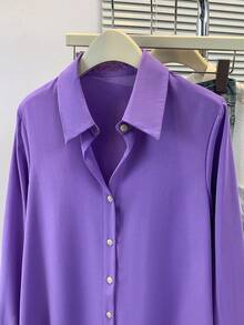 Blus Wanita Lengan Panjang Kerah Kancing Depan Warna Polos, Cocok untuk Musim Gugur, Musim Dingin, dan Musim Semi - Purple - View 6