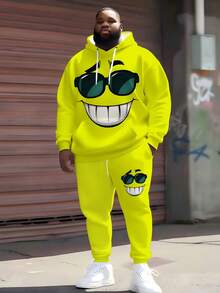 ZhuYa Hot Selling "Anime Cartoon Funny Face Print" Matching Plus Size Men's Hoodie Sweatsuit, Spring/Autumn/Winter Sports 2 Pieces Set - Plus Size Loose Fit, Comfortable Relaxed Style Hoodie + Jogger Pants, Streetwear Casual - Yellow - View 1