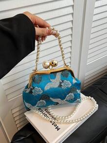 Túi xách dây xích ngọc trai vải xanh cổ điển mới, Túi đeo vai đa năng cho quý cô dự tiệc và tụ tập - Màu xanh lam - Xem 5