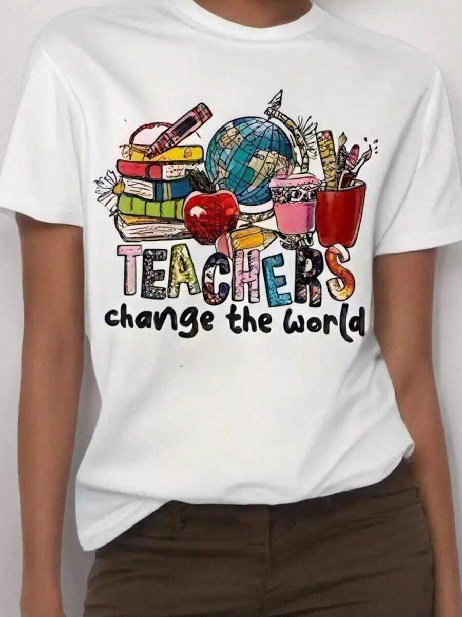 Empowering Teachers Change The World White 180g Cotton Round Neck Short Sleeve T-Shirt For Women - Inspiring Novelty Graphic Print Tee For Educators, Comfortable Soft Casual Wear, Perfect Gift For Teacher Appreciation - 白色 - 查看 1