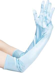 1 Pair Women's Light Blue Satin Long Gloves, Suitable For Wedding Attire - Baby Blue - View 1