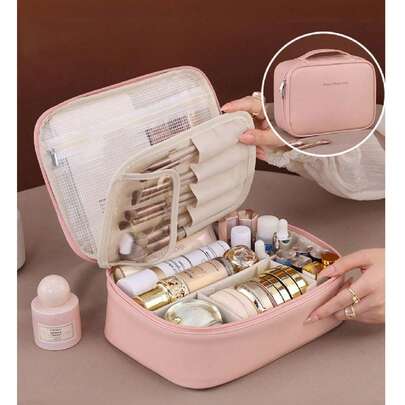 1 pieza Bolsa de maquillaje multifuncional para viajes, bolsa de almacenamiento de cosméticos, bolsa de aseo impermeable, soporte para brochas de maquillaje de gran capacidad, bolso de mano conveniente para viajes para cuidado de la piel, maquillaje, brochas, polvos, lápiz labial, adecuado para playa, escuela, baño, vacaciones, Día de la Madre, Navidad, regalo para madre, familia, amigos, esencial de verano, bolsa, bolsa de maquillaje, esencial de viaje