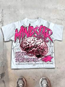 Pink Brain Chain Graphic Inspirational T-Shirt,Comfortable Casual Short Sleeve, 220 Grams Heavyweight Cotton Printed T-Shirt - trắng - Xem 1