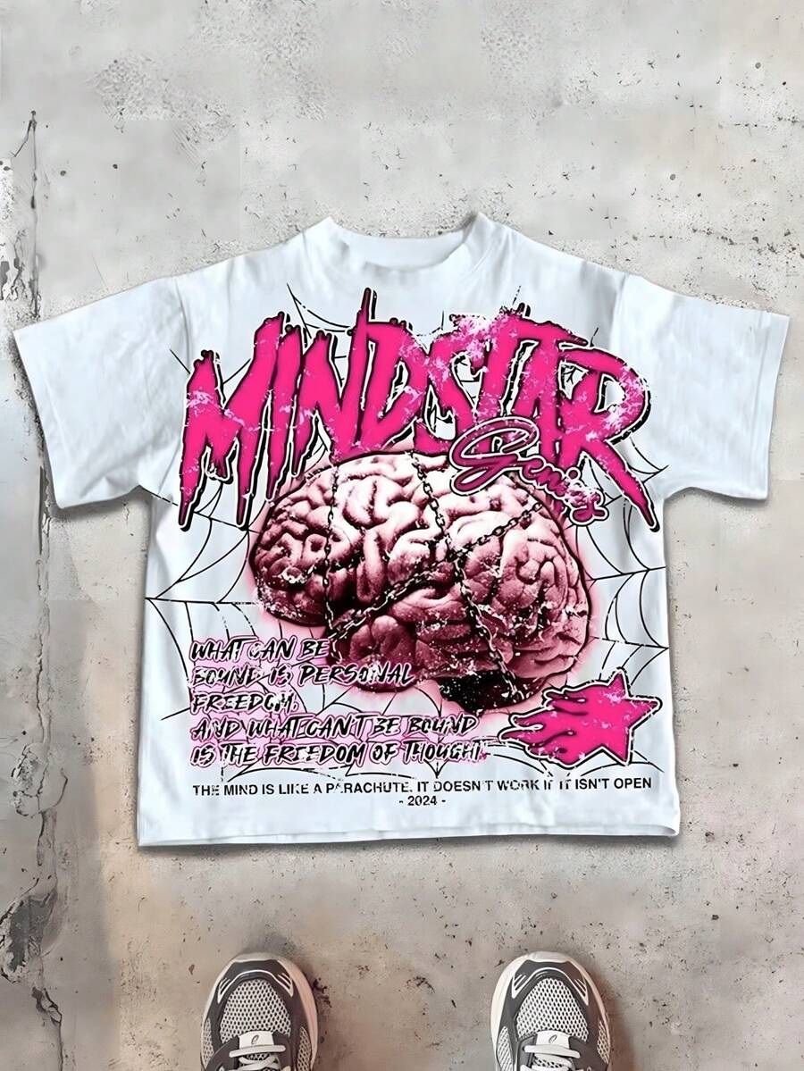Pink Brain Chain Graphic Inspirational T-Shirt,Comfortable Casual Short Sleeve, 220 Grams Heavyweight Cotton Printed T-Shirt - trắng - Xem 1