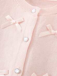 Girls' Cute Solid Color Knitted Cardigan With Bow, Casual Round Neck Long Sleeve Sweater Jacket, Autumn/Winter - Baby Pink - View 5