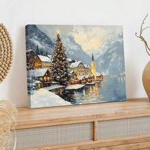1pc Hallstatt Village Christmas Scene Canvas Print - Winter Scenery Wall Art, Waterproof, Suitable For Home Decor, Room Decor, Bedroom Decor, Living Room Decoration, Bathroom Decor, Wall Decor, Christmas Decorations For Home, Optional Wall Art With Frame