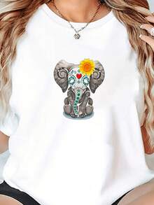 Elephant-With-Sunflowers-Cute-Elephant-Lover-Graphic-T-Shirt - 白色 - 查看 2