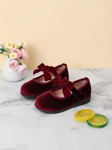 Velvet Bow Decor Everyday Baby Girl Shoes, Suitable For Autumn/Winter - Burgundy - View 3