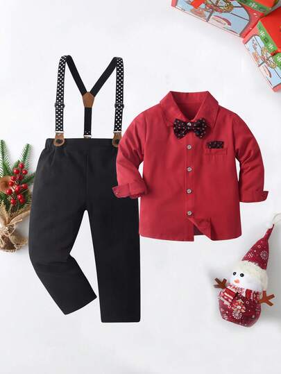 BOARNSEORL 2pcs Young Boys Gentleman Outfit - Long Sleeve Shirt With Bowknot And Suspender Pants, Fashionable And Stylish For Birthday Party, 1st Birthday, Christmas Party, Formal Events