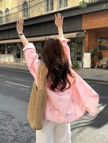 秋季學院風少女感聖誕新年可愛甜美年輕粉色蝴蝶結印花女款襯衫，休閒輕便夾克，適合單穿、疊穿或作為外套 - 粉色 - 查看 9