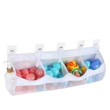 Organizator mare pentru jucării de baie, cu 4 compartimente, cu uscare rapidă, din plasă, cu 5 cârlige, acces și sortare ușoară, capacitate mare de depozitare în colț pentru baie, suport multifuncțional (roz)