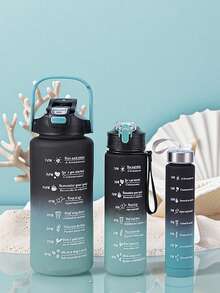 3pcs Portable Gradient Color Sports Water Bottle Set, With Handle & Plastic Straw, Outdoor Water Cup - Multicolor - View 2