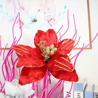 33 厘米天鹅绒盆栽兰花，圣诞树装饰，人造花装饰，适合户外庆祝节日派对，无需容器，摆放在客厅地板上，节日家居装饰；生动的盆栽兰花设计；柔软的天鹅绒质地，圣诞家居装饰