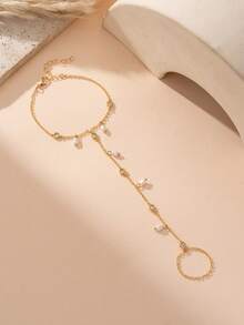 1pc Elegant Faux Pearl & Cubic Zirconia Finger Chain Bracelet, Suitable For Women's Daily Wear, Dates, Parties, Banquets, Holiday Gift - Yellow Gold - View 3