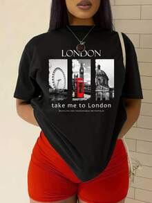 London Print Short Sleeve T-Shirt, Casual Crew Neck Top For Spring & Summer, Men&Women's Clothing - màu đen - Xem 1