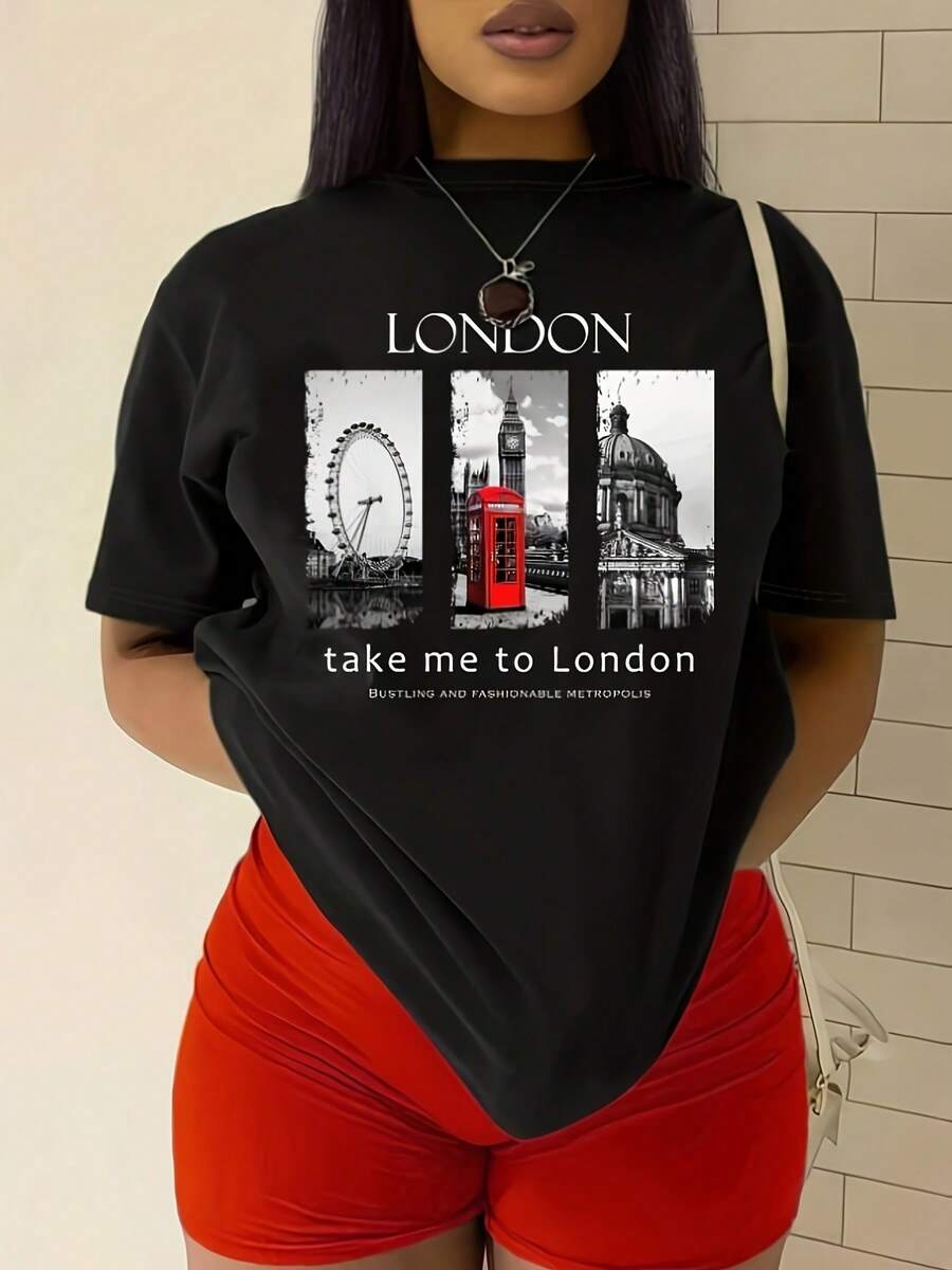 London Print Short Sleeve T-Shirt, Casual Crew Neck Top For Spring & Summer, Men&Women's Clothing - màu đen - Xem 1