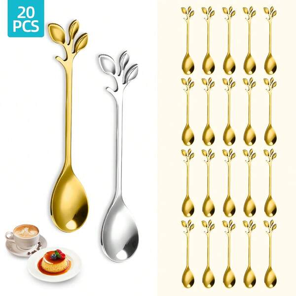 2/6/12/20 Piece Stainless Steel Coffee And Dessert Spoon Set With Leaf Decoration - Suitable For Coffee, Tea And Desserts - Mini Dessert Spoons, Ice Cream Scoops, Dishwasher Safe, Suitable For Mixing, Appetizers - Home, Party, Wedding, Holiday, Elegant Tableware | Stainless Steel Spoons