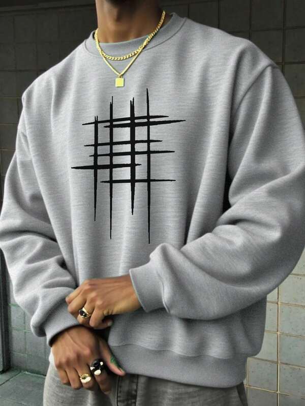 بلوزة رجالية بطبعة خطوط تجريدية على الرقبة المستديرة، طراز الشارع، خريف/شتاء