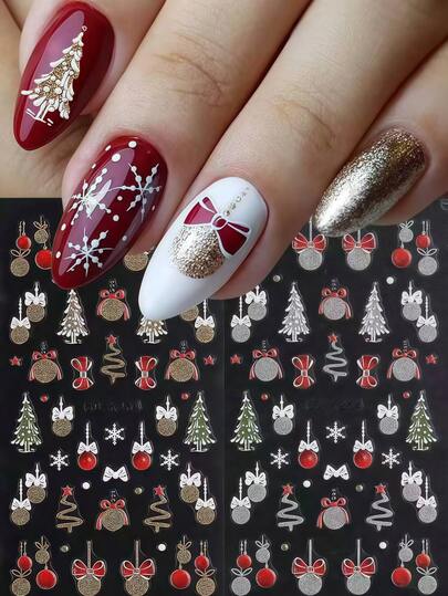 2/1 feuilles Autocollants d'art pour ongles 5D Relief Noël Cloches de Noël dorées et argentées, flocons de neige, sapin de Noël, nœud, design d'hiver. Fournitures de décoration pour ongles
