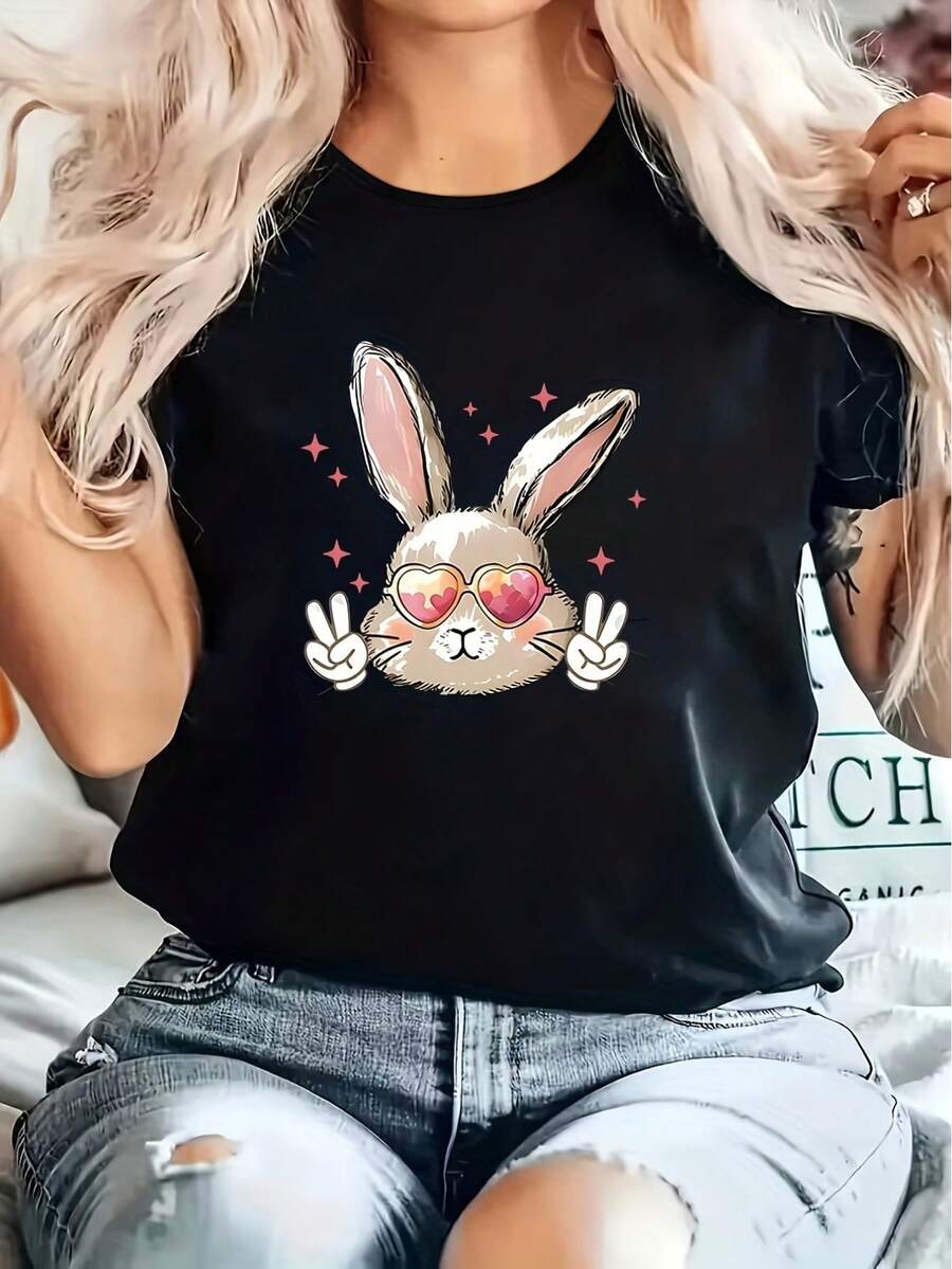 Easter Rabbit Print Casual T-Shirt, Round Neck Short Sleeves Soft Sports Tee, Women's Comfy Tops - Black - View 1