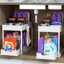 2 Tier Under Sink Storage Rack , Kitchen Cabinet Storage Rack, Double Sliding Cabinet Basket Storage Drawer, Multi-Functional Bathroom Collection Basket, Organizer, Shelf For Under Counter Kitchen Storage With 5 Hooks 2 Hanging Baskets Kitchen Decor Holiday Gift - trắng - Xem 1
