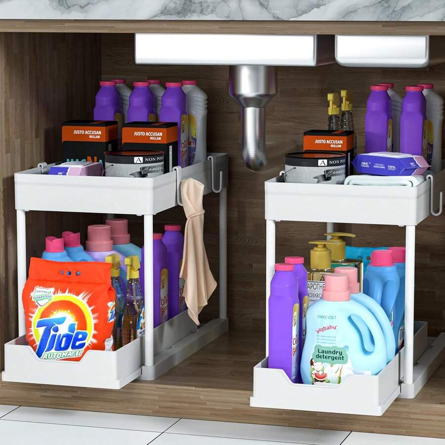 2 Tier Under Sink Storage Rack , Kitchen Cabinet Storage Rack, Double Sliding Cabinet Basket Storage Drawer, Multi-Functional Bathroom Collection Basket, Organizer, Shelf For Under Counter Kitchen Storage With 5 Hooks 2 Hanging Baskets Kitchen Decor Holiday Gift - trắng - Xem 1