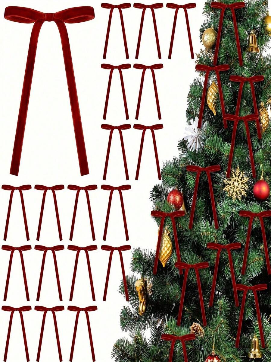 12/24/48pcs Vintage Velvet Christmas Bows For Tree Decoration, Rustic Crafts & Gifts, Classic Polyester Ribbon Bows For Christmas Valentine's Day Wedding Birthday Holiday Home & Wedding Decorations