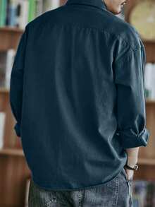 Áo sơ mi cotton thường ngày cho nam, màu trơn, thoải mái, nhiều túi, phong cách cổ điển, thích hợp mặc hàng ngày, xuân/thu, áo dài tay - Màu xanh hải quân - Xem 4