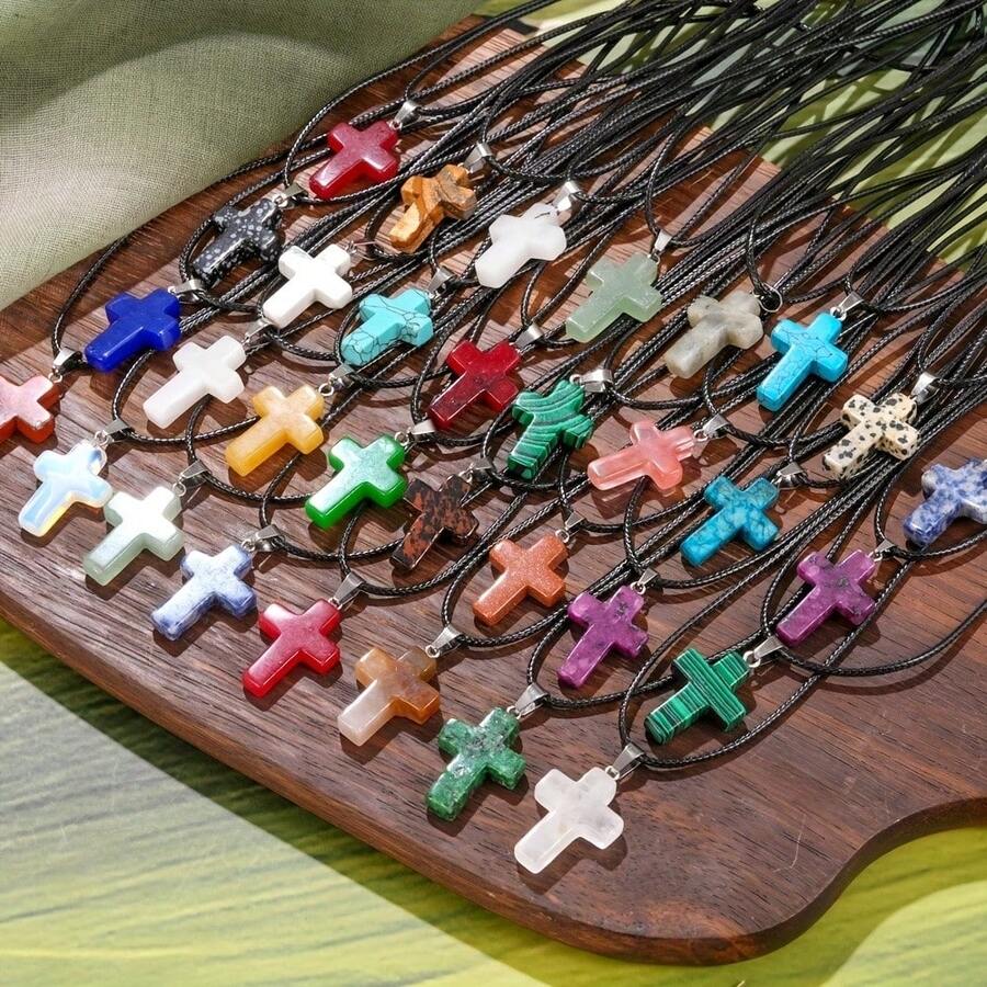 10/20/30/40/50pcs Multi-Color Shiny Cross Crystal Pendant | With Black Cord Chain, Easy To Mix And Match | Suitable For DIY Jewelry Making (Pendant + Chain) - Nhiều màu - Xem 1