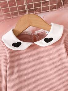 2pcs/Set Baby Girls Casual Solid Color Ribbed Heart Embroidery Peter Pan Collar Long Sleeve Top + Solid Color Ribbed Pants, Comfortable & Versatile Outdoor Outfit, Autumn/Winter - Pink - View 3