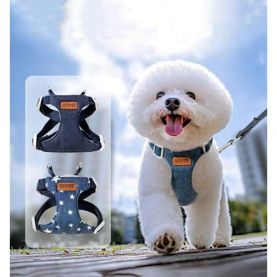牛仔布狗背带牵引绳套装，星形图案，适合中小型犬，牛仔夹克套装，适合贵宾犬、柯基犬、幼犬宠物用品