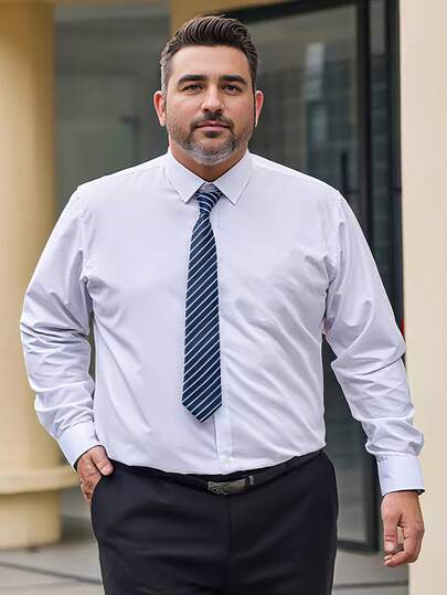 Plus Size Men's Solid White Shirt, New Classic White Long Sleeve Shirt, Elegant Shirt Top For Autumn