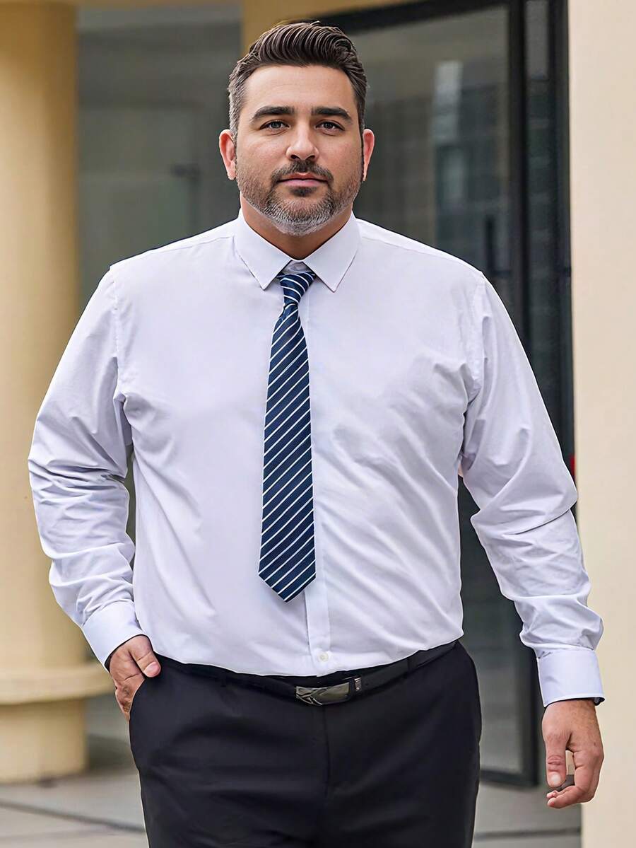 Plus Size Men's Solid White Shirt, New Classic White Long Sleeve Shirt, Elegant Shirt Top For Autumn - White - View 1