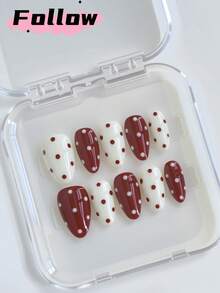 10 件红色杏仁手工按压指甲、秋季短指甲、假指甲、圣诞指甲、乳白色指甲、波尔卡圆点指甲、可爱、美甲用品，适合女性派对、舞会、日常休闲装 - 彩色 - 查看 2