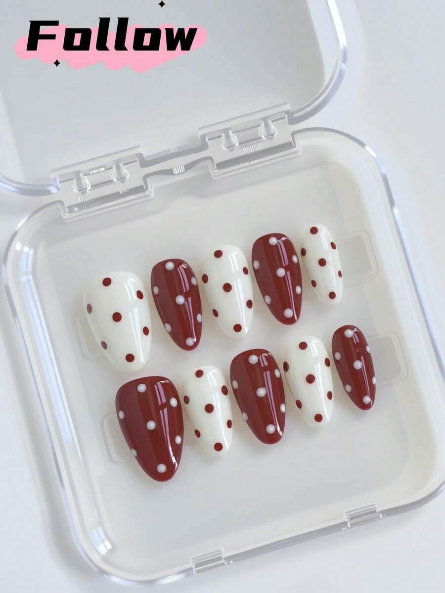 10 件红色杏仁手工按压指甲、秋季短指甲、假指甲、圣诞指甲、乳白色指甲、波尔卡圆点指甲、可爱、美甲用品，适合女性派对、舞会、日常休闲装