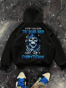 Men's Casual Street Punk Art Skull Graphic Hoodie Sweatshirt, Long Sleeve Top - Black - View 4