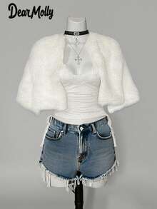 DEAR MOLLY 女士冬季毛绒披肩街头风格舒适 - 白色 - 查看 1