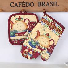 1 套防热手套和垫子，涤棉卡通人物系列，家用厨房烤箱手套，烘焙手套，耐热垫，桌面保护垫，感恩节，万圣节 - 淺藍色 - 查看 3